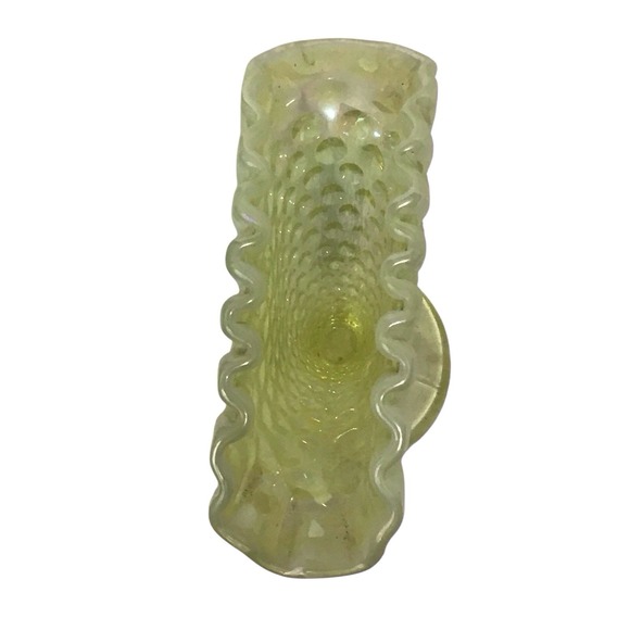 Vintage Fenton Yellow Topaz Opalescent Hobnail Mini Fan Vase Vaseline Uranium - Picture 7 of 9